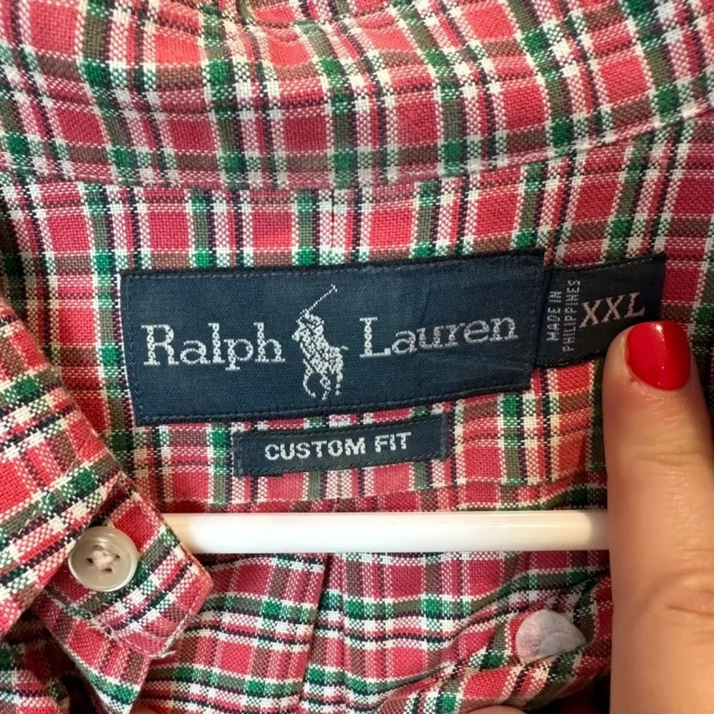 Men’s Polo Ralph Lauren Red & Green Plaid 100% Cotton Button Front Shirt XXL EUC